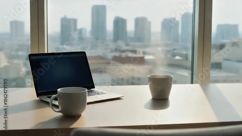 Meja kerja dilengkapi laptop serta dua gelas kopi yang siap menemani di kantor 
