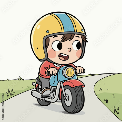 Happy cartoon child riding motorcycle on sunny road