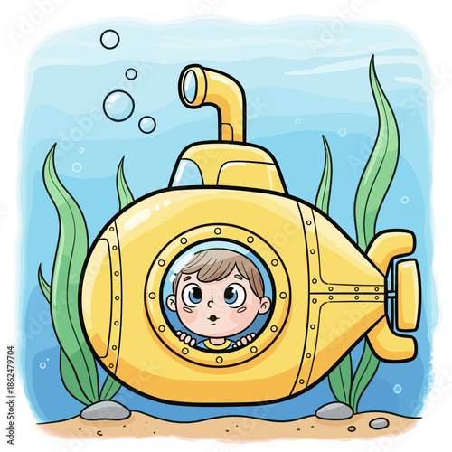 Curious boy exploring ocean in vintage yellow submarine underwater