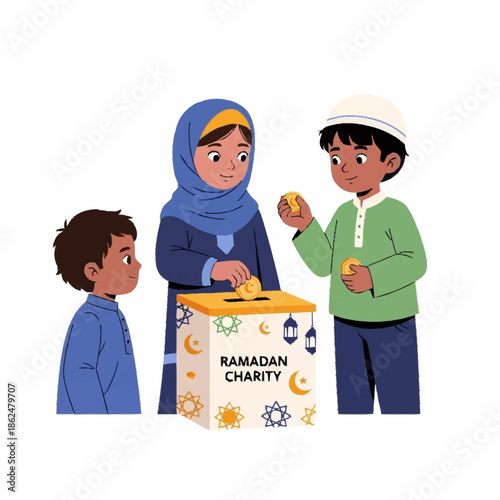 Muslim children donating money to a Ramadan charity box, illustrating the spirit of giving during the holy month.