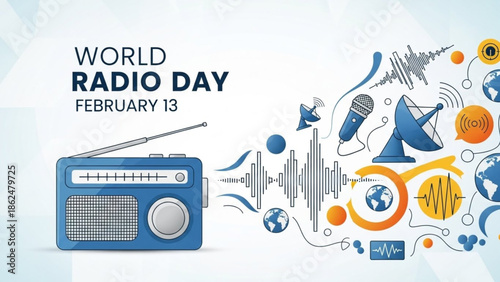 World Radio Day Concept Vector with Radio Receiver and Global Audio Broadcast Elements
