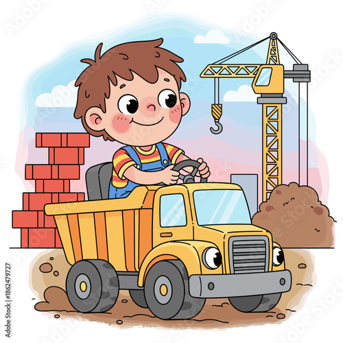 Happy child driving yellow dump truck on construction site with crane