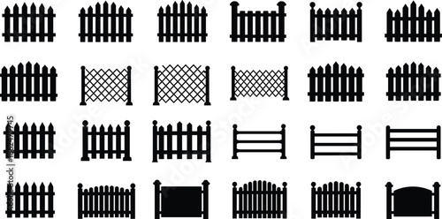 Set of black fence vector icons showing various garden, wooden, and metal barrier designs for home, security, and landscape decoration.
