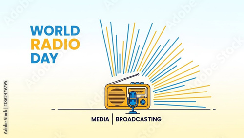 Audio Broadcasting Concept with Microphone, Sound Waves and Satellite Signal