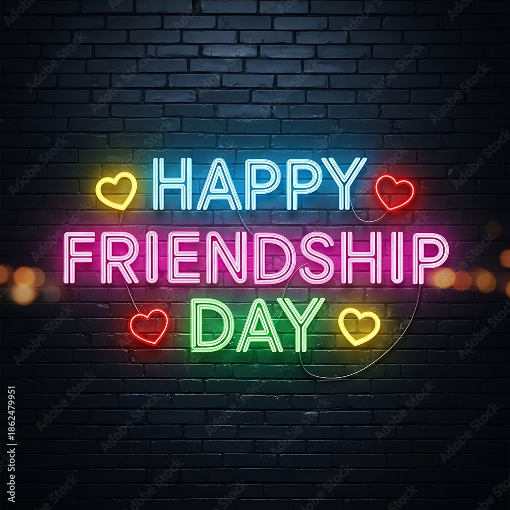 Obraz premium Brightly illuminated neon text celebrating camaraderie glows against a dark brick wall background
