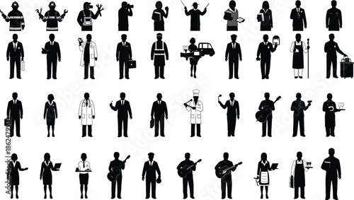 Large Collection of Occupation Silhouettes, Including Business Professionals, Doctors, Chefs, Musicians, Firefighters, and Service Workers, Representing Careers, Employment, and Various Jobs