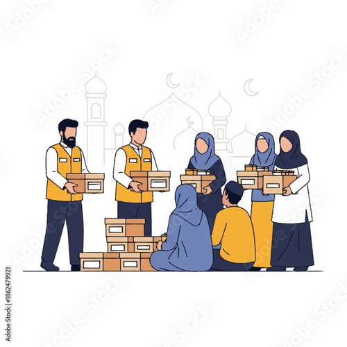 Muslim community members distributing zakat and aid during Ramadan.