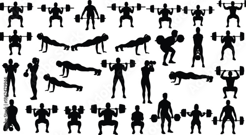 Large collection of various weight training and fitness silhouettes, including squats, push-ups, and lifting barbells, representing strength, workout, and gym exercises