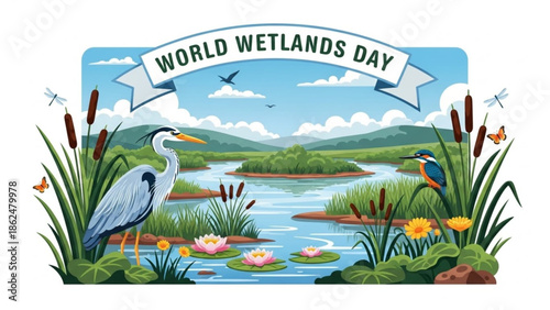 Wetland Ecosystem and Biodiversity Concept Illustration with Birds and Freshwater Habitat