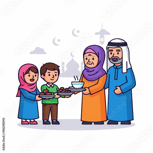 Muslim family sharing food during Ramadan celebration.