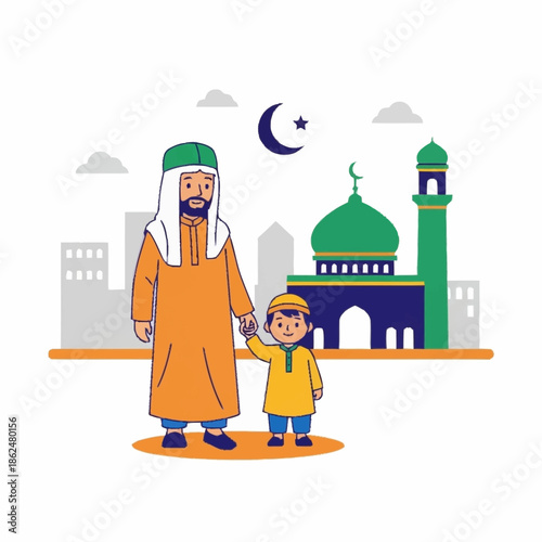 Muslim father and son holding hands in traditional attire.