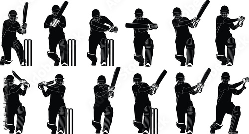 Large set of cricket batsman vector silhouettes, featuring various batting shots, aggressive drives, defensive blocks, and wicket stumps, ideal for sport and competition graphics