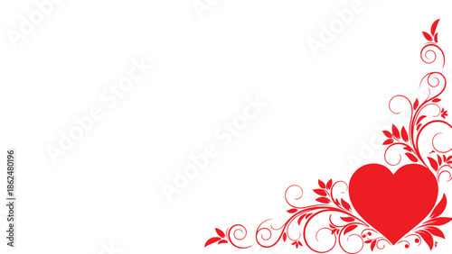 Valentine's day celebration background with red heart and floral design elements on white with Valentine s Day