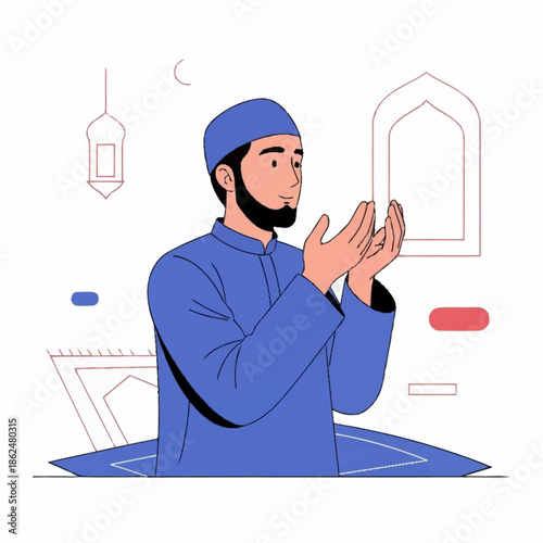 Muslim man praying with hands raised in devotion.