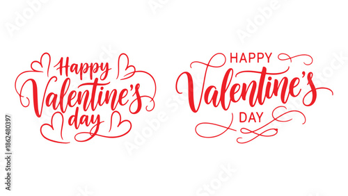 Two valentine's day greetings with red hearts and swirls on white background for love and romance