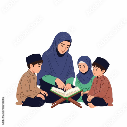 Muslim mother teaching Quran to her children.