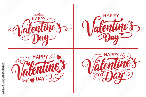 Happy valentine's day greeting card designs with red hearts and swirling patterns on white background for love and romance