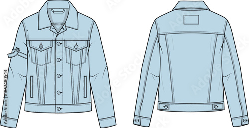 Technical fashion illustration of denim jacket front and back view with detailed seams, pockets, collar, tabs, and sleeve strap.