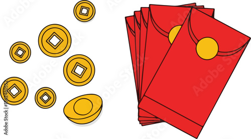 Illustration of red envelopes with gold coins on a white background, symbolizing good fortune and prosperity in a traditional Asian context.