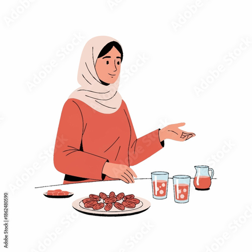 Muslim woman breaking fast with dates and drinks during Ramadan.