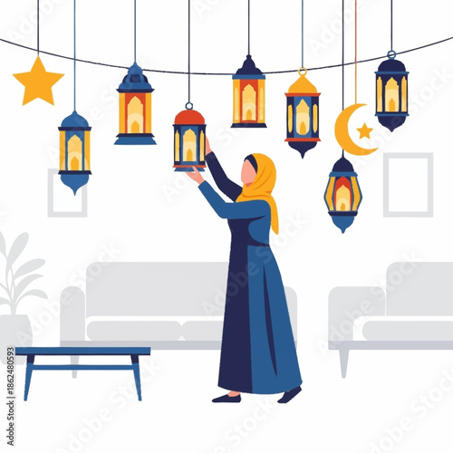 Muslim woman decorating for Ramadan with traditional lanterns.