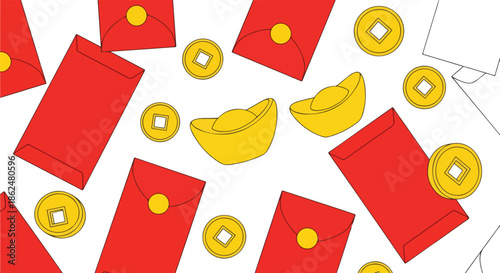 Flat lay of red envelopes and gold coins scattered on a white background with a festive and prosperous theme.