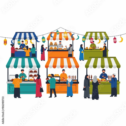 People enjoying a vibrant Ramadan street food market with various stalls.