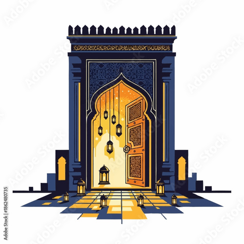 Ornate Islamic Archway with Lanterns and Open Door.