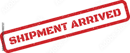 Distressed rubber stamp impression with SHIPMENT ARRIVED text inside a rectangular border for delivery confirmation