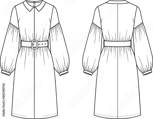 Technical fashion illustration of puff sleeve belted dress with collar, front and back view, garment construction, vector template design.