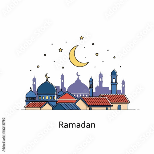 Ramadan celebration with mosque and crescent moon.