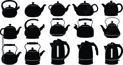 Set of black kettle and teapot vector silhouettes for kitchen design, cafe illustration, tea brewing, and retro household artwork.