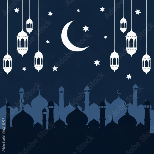 Ramadan Kareem greeting card with hanging lanterns and mosque silhouettes.