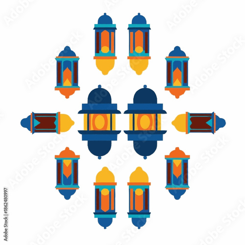 Ramadan Kareem lanterns in a symmetrical pattern, celebrating Islamic culture and traditions.