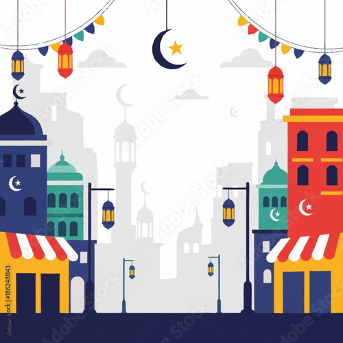 Vibrant Cityscape with Islamic Architecture and Festive Decorations.