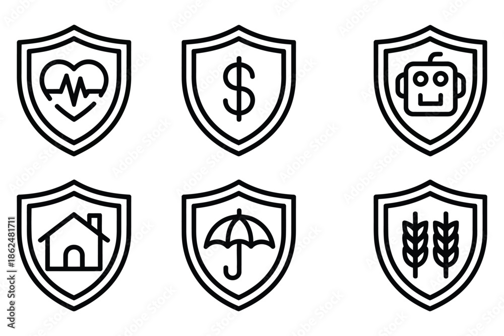 Obraz premium Shield Insurance Icons Pack, Including Health, Money, Home, Technology Protection Symbols, Vector Set Featuring Financial, Healthcare, Real Estate, Agriculture