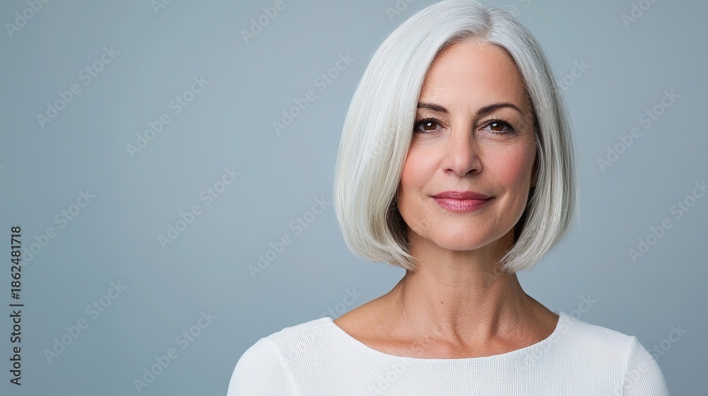 Fototapeta premium Graceful mature woman with bob cut studio lighting portrait photography calm environment close-up view timeless beauty