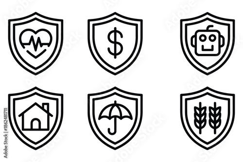 Shield Insurance Icons Pack, Including Health, Money, Home, Technology Protection Symbols, Vector Set Featuring Financial, Healthcare, Real Estate, Agriculture