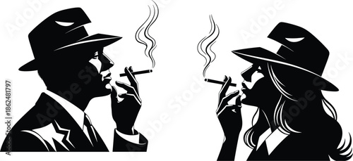 Vintage noir style vector illustration of two mysterious figures in suits and hats smoking cigarettes with dramatic shadow contrast