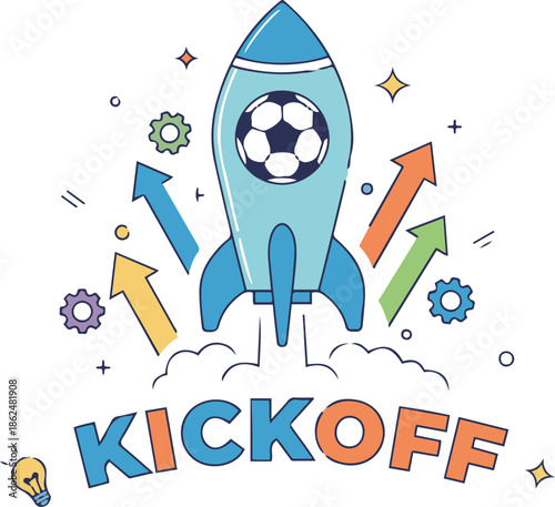 Vector illustration of a blue rocket ship launching with a soccer ball in its porthole, representing the start of a game or venture.