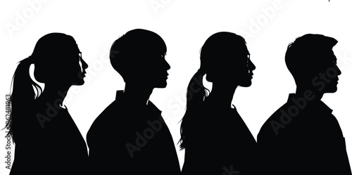 "Male and female profile silhouette vector, black human figures, gender diversity, side view, minimal design, identity concept illustration