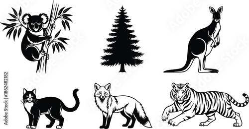 Wildlife and Nature Animals Vector Set Featuring Koala, Kangaroo, Tiger, Fox, Cat, Tree in Black and White Style