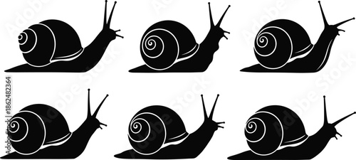 Set of Black Silhouette Snail Icons with Spiral Shells, Minimalist Animal Design for Nature, Biology, and Educational Vector Use