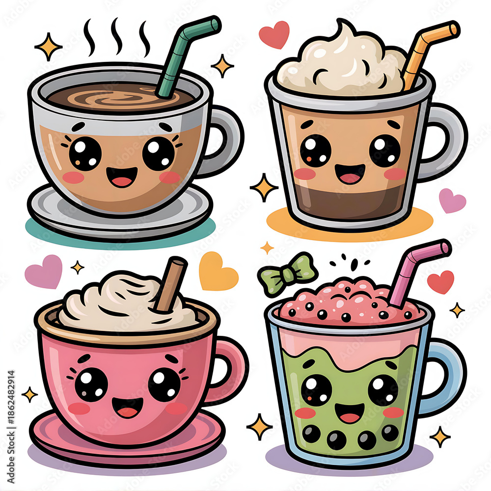Obraz premium Kawaii Cartoon Coffee Drinks Seamless Pattern: Cute Characters, Playful Designs and Colorful Beverage Illustrations