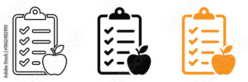 Checklist icons with apples in black, white and orange colors,Checklist icon set. Containing clipboard with check mark, document, checkbox on paper icon vector illustration.