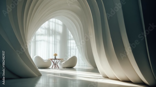 Architectural marvel with smooth curves and inviting seating arrangement