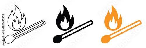 Matches with flame icons in black and orange colors,Match fire line icon vector illustration set.Burning matchstick, fire match, matchstick on fire, isolated on white background
