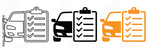 Vehicles with checklists for efficient car maintenance and inspection,Car maintenance vector icon set. Vehicle maintenance report. Car service list symbol. Car insurance policy finance icons.