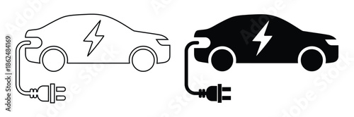 Electric cars charging with modern plug and socket,Electric car icon. EV. Electric vehicle. Charging station. Vector icon isolated on white background.