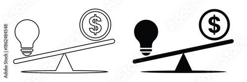 Ideas versus money on a balance scale with dollar signs,Business Target vs money on scales illustration. Vector business concept.